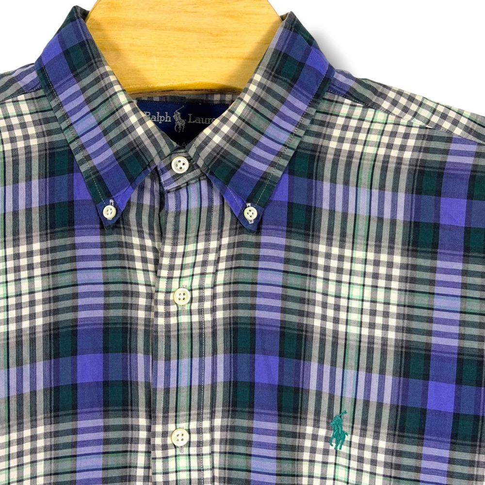 Vintage Ralph Lauren Button Down Men XL Blue Green Plaid Blake Cotton Shirt Pony